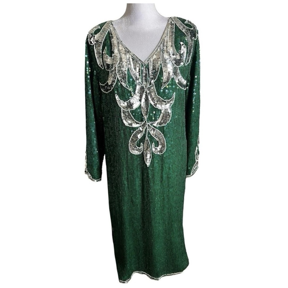 Vintage‎ 100% Silk Beaded Sequin Dress Emerald Green Size XL Art Deco